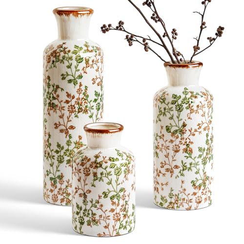 LE TAUCI Ceramic Vase Set of 3, Vintage Botanical Flower Vases for Fresh or Dried Flowers, Cottagecore Home Decor for Coffee Table, Mantel, Shelf, Entryway, Vine Green - color: Vine Green