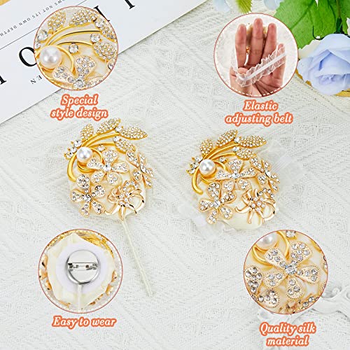 Yunsailing 2 Pcs Rhinestone Wrist Corsage and Boutonniere Set - Artificial Flower Corsage Wristlet for Wedding Prom Homecoming Bridesmaid Bridal Shower Anniversary Formal Event(Gold Ivory,Pearl) - color: Gold Ivory, style: Pearl
