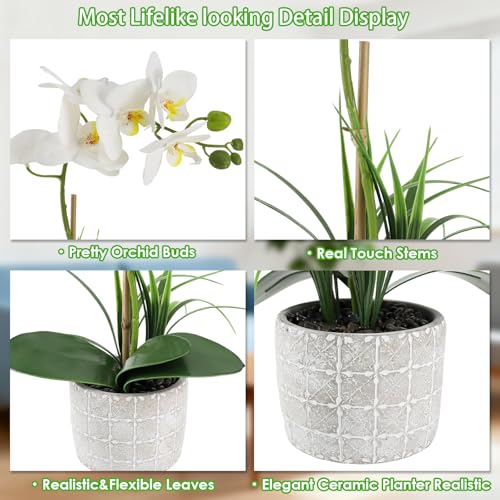Orchid Artificial Flowers 16" White Fake Orchid Flowers in Gray Ceramic Pot Faux Orchid Plant for Home Decor Office Bathroom Table Centerpiece Indoor(White#2) - color: White
