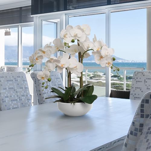 Larksilk 20" White Phalaenopsis Orchid in White Round Pot - Realistic Faux Orchid Arrangement