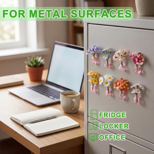 8Pcs Mini Vase Magnets for Fridge with Artificial Flowers Set Strong Magnetic Cute Decorative Bud Vases for Kitchen Office Locker Home Decor Small Flower Vase (Pink) - color: Pink