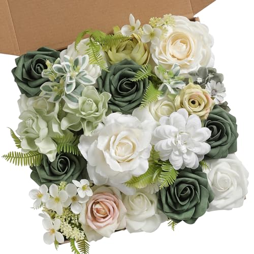 White Green Artificial Flowers Combo Box Set Fake Flowers Bulk Flower Leaf with Stems for DIY Wedding Bouquets Centerpieces Baby Shower Party Home Decorations - color: White Green