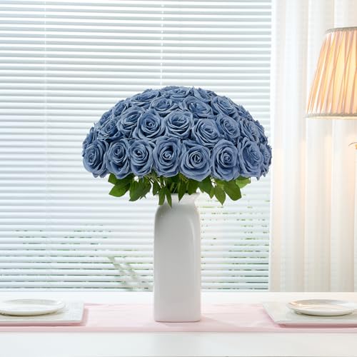 100 Pcs Fake Dusty Blue Roses, Artificial Blue Flowers Bulk Realistic Silk Faux Rose with Long Stems for Wedding Bridal Bouquet Anniversary Floral Arrangement Decor - color: Dustyblue