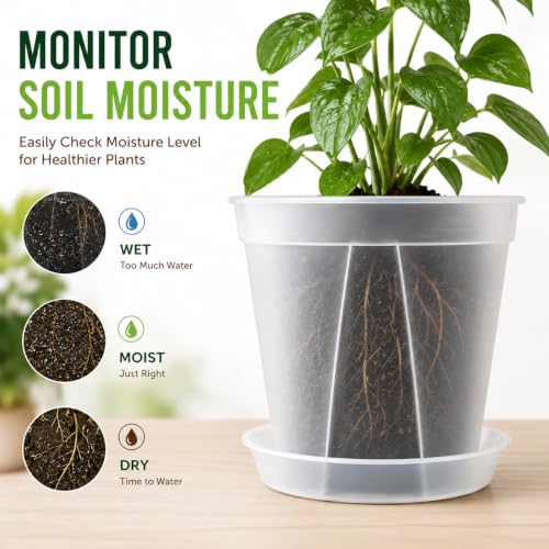 GREENPARA Transparent Plastic Garden Pots Planter with Saucer 4/5 /6/7 /8 inch Plant Pot Nursery Pots Drainage Hole for House Plants, Herb, Flowers, and Cactus with 10pcs Plant Labels, 5-Set