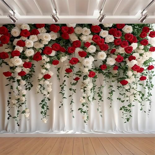 White and Red Rose Floral Theme Backdrops Rose Flowers Vine Leaves Photography Background Bridal Shower Wedding Reception Ceremony Portrait Photo Background (B, 6 * 4feet) - color: B, size: 6*4feet