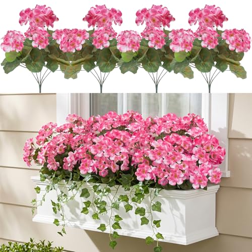 4Pcs Pink Geraniums Artificial Flowers Realistic for Outdoors 14" Faux Silk Geraniums for Outdoors UV Resistant Fake Flowers for Planters Home Garden Porch Balcony Patio Cemetery (Pink) - color: Pink