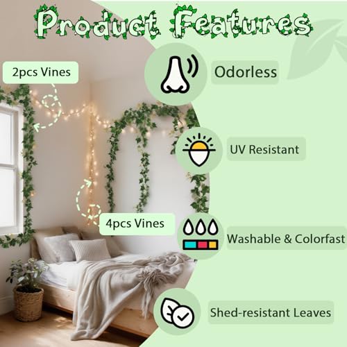 ucky Fake Vines, Eucalyptu Vines Garland, Ivy Vines, Green Artificial Wall Decor Hanging, Wedding Decoration，Flower Bouquet Decoration (4, Boston Vines) - color: Boston Vines