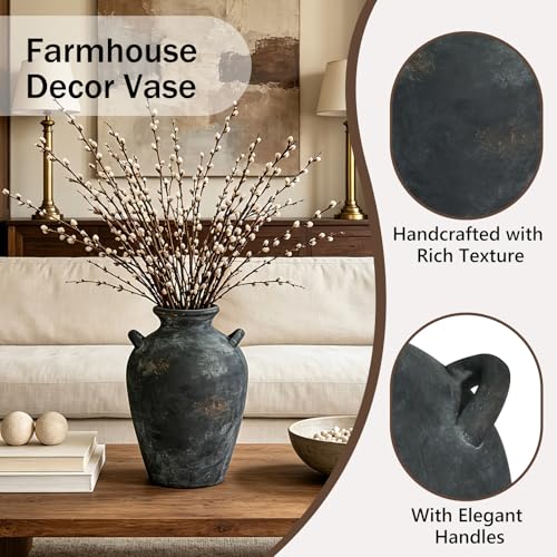 Ceramic Flower Vase with Handles, 9.2 Inch Rustic Vase Farmhouse Decorative Pottery Vase for Home Decor, Living Room, Bathroom, Kitchen, Shelf, Mantel, Black - color: 9.2"h-black