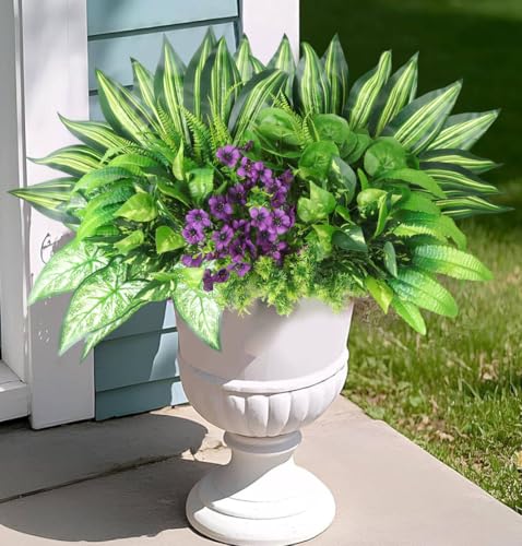 THKFUL 14Bundles Artificial Greenery Plants Outdoor Artificial Ivy Plants Faux Pothos Ferns Stems UV Resistant, Realistic Fake Shrubs Grasses Flowers Planter Filler for Window Box,Porch,Garden,Front - color: Purple Green