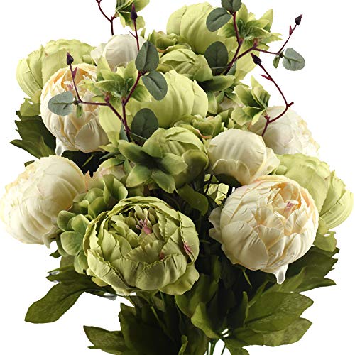 FiveSeasonStuff Artificial Peony Bouquets, 2 Cream Beige & Moss Green Silk Flower Bundles for Wedding Centerpieces & Home Decor – Vintage Peonies - color: Mixed Beige and Green