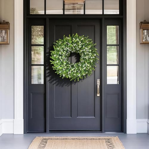 26" Artificial Eucalyptus Wreath with Baby's Breath for Front Door - Fake Eucalyptus Wreath, Spring Summer Faux Flowers Wreath for Porch, Farmhouse, Wall, Window, Home Decor (White-Green)