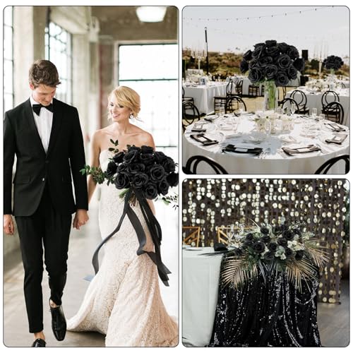 Ouddy Decor 20 Pcs Fake Black Roses Artificial Silk Flowers with Long Stems for Mother's Day Wedding Home Party Table Centerpieces Bridal Bouquet DIY Floral Arrangment, Black - color: Black, size: 20 Packs
