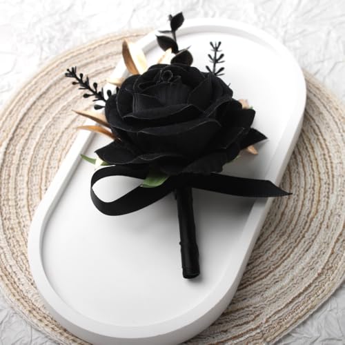 Boutonniere for Men Artificial Flowers 1 Piece Wedding Prom Homecoming Corsage Anniversary Party Decoration (1, Black) - color: Black