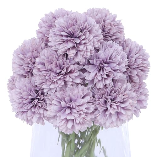 Kimura's Cabin 20pcs Fake Mums Flowers Artificial Chrysanthemum Faux Silk Ball Flowers Bouquets for Wedding Party Home Table Core DIY Decoration (Purple - color: Light Purple