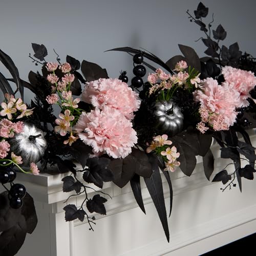 National Tree Company Artificial Pretty Morbid Pink Carnation Halloween Garland, Black, Silver Pumpkins, 6 Feet