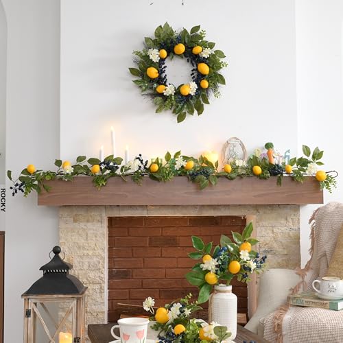 Valery Madelyn 6ft Artificial Lemon Garland for Mantel Summer Decor(Thin) | Faux Lemons Eucalyptus & Blueberry Summer Garland with Lights for Stairs Table Fireplace Farmhouse Kitchen Home Decor - size: Medium