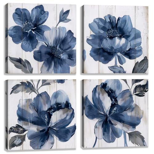 BQVCT 4 Piece Blue Floral Wall Art White Wood Canvas Prints Grey and Navy Flowers in The Style of Watercolor Painting Vintage Flora Wall Decor for Bedroom Kitchen 12"x12" - color: Navy/white
