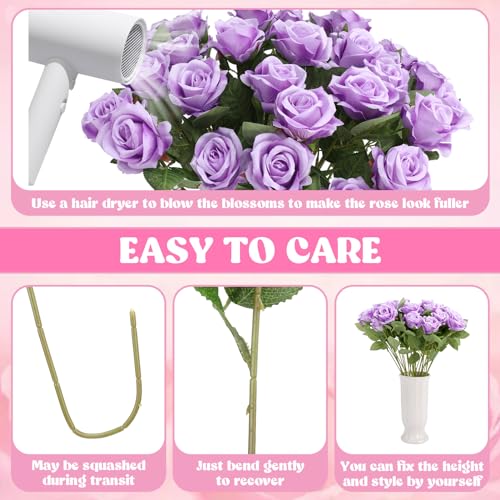 36 Pcs Silk Purple Rose Bouquet Bridal Artificial Flowers,Fake Rose Long Stem Realistic Artificial Flowers Bulk for Wedding Bouquet Ball Arrangement Centerpiece Party Decor - color: Purple