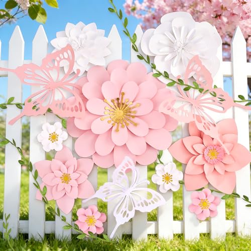 PAPER JAZZ Paper Flowers Wall Decor Gaint Flower Backdrop for Floral Theme Classroom Decoration with Butterfly and Vines Pink and White Wall Art for Bulletin Board Spring Party Garden Party - color: White