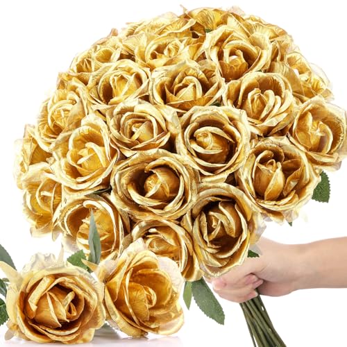 Thiccywoov 30 Pcs Rose Artificial Flowers in Bulk Lifelike Long Stem Silk Roses Bouquets Realistic Faux Flowers for Wedding Bridal Shower Home Decor Floral Arrangements Table Centerpiece(Gold) - color: Gold