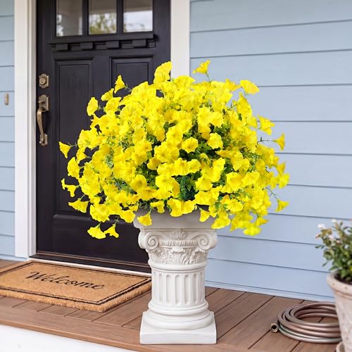 Artificial Flowers for Outdoors 12 Bundles Realistic Faux Plants UV Resistant Fake Silk Morning Glory with Eucalyptus for Front Door Planter Patio Porch Outside Spring Summer Decoration (Yellow) - color: Yellow