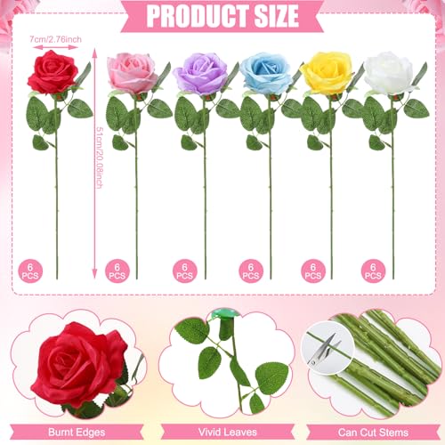 36 Pcs Mixed 6 Color Artificial Roses with Long Stems, Fake Silk Rose Artificial Flowers Bulk for Bridal Wedding Bouquet Centerpiece Ball Arrangement Party Decor - color: Mixed 6 Color
