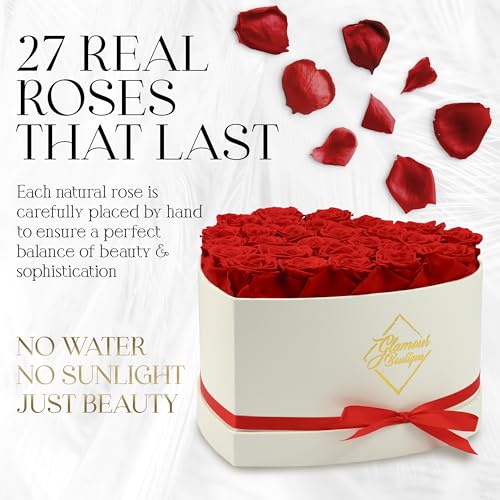 GLAMOUR BOUTIQUE Preserved Roses in a Box - Gifts for Her, Wife & Mom, Rose Flowers Forever Decor for Birthday Gift, Get Well Flower Bouquet Cased in White Box with Cover - Red - 27 (Color-Treated) - color: Red, size: 27 Roses Heart Box