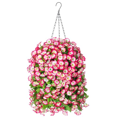 Ammyoo Artificial Faux Hanging Flowers Basket for Spring Summer Outdoor Porch Decor, Fake Silk Colorful Morning Glory Eucalyptus in Planter UV Resistant Look Real for Home Patio Balcony Yard(Pink) - color: Pink