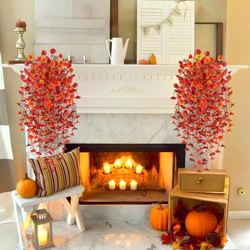 Hrobek Artificial Fall Hanging Flowers for Decoration, 2pcs Long Vine Fake Flowers Plants Morning Glory, Realistic Faux Petunias for Planter Patio Porch Garden Autumn Outdoors Dec, Orange Red - color: Z-orange Red