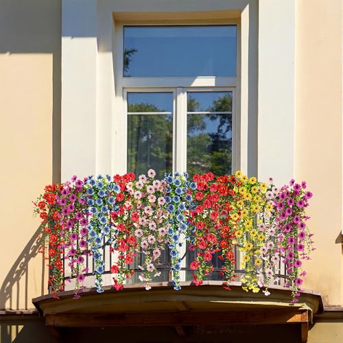 AGIRL 6 Bundles Artificial Flowers for Spring Decoration,Faux Plants for Outdoor Planters,UV & Fading Resistant Silk Fake Flowers for Garden,Patio,Porch,Yard,Farmhouse Decor - color: Red Yellow Fuchsia Purple Pink Blue