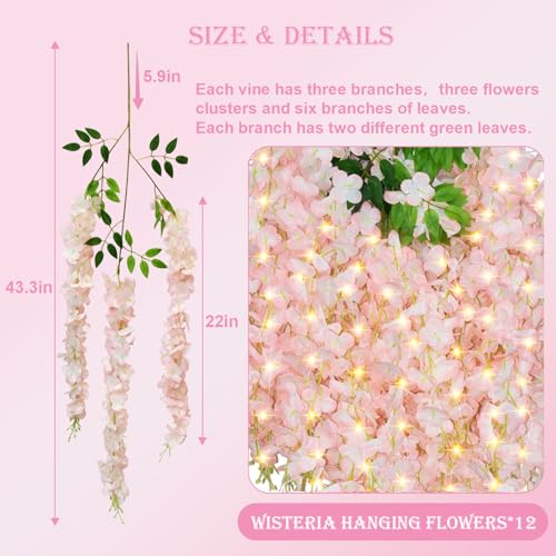12 PCS Wisteria Hanging Flowers with Lights, 3.6ft Fake Vines Artificial Wisteria Garland Silk Flower String for Wedding Arch Garden Party Home Ceiling Wall Backdrop Tent Decoration (Light Pink) - color: Light Pink With Lights, size: 12 Pack