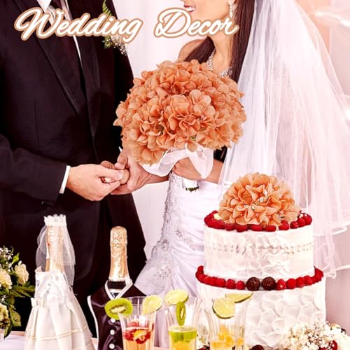 Light Brown Hydrangea Artificial Flowers Bulk with Stems 64 Pcs | Faux Silk Hydrangeas Flower Heads with Stems for Wedding Arch Table Centerpieces Home Garden Baby Shower Party Decoration - color: Light Brown