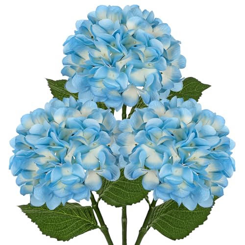 Hollyone 3Pcs Blue Hydrangea Artificial Flowers Real Touch Faux Silk Hydrangeas Flowers with Stem Fake Florals Flower for Home Wedding Table Centerpiece Vase Arrangements Decoration - color: Light Blue