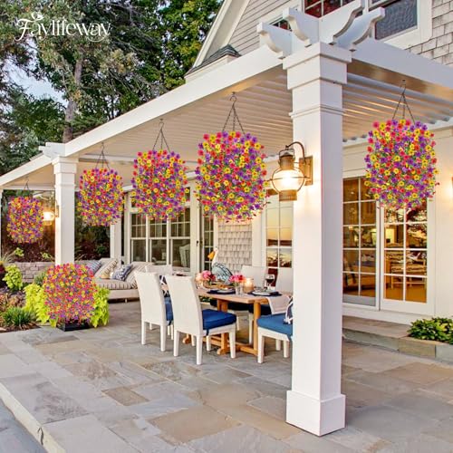 Artificial Hanging Flowers for Outdoors, 4PCS UV Resistant Artificial Outdoor Flowers, Silk Flowers for Outside Patio Porch Front Yard Window Garden Indoor Decor(Spring Color,4PCS) - color: Summer Color, size: 4PCS