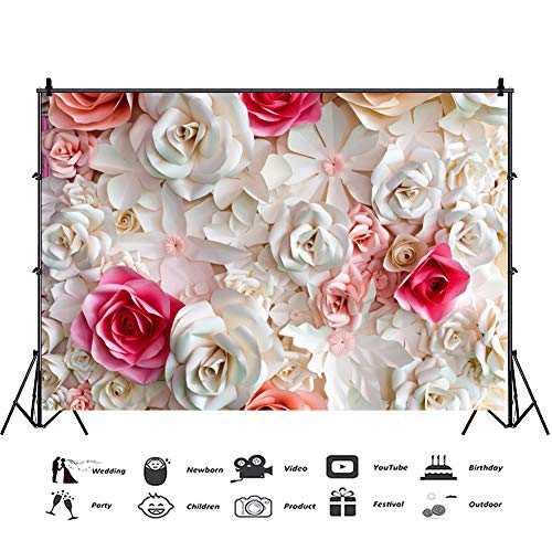 10x6.5ft Pink and White Paper Flowers Background Photography Backdrop Paper Flower Wall Gorgeous Wedding Flower Backdrops Beautiful Bride Baby Newborn Kids Background Props Portraits Booth - size: 10x6.5ft