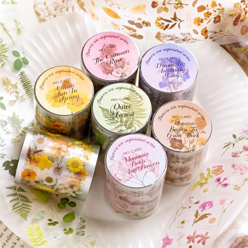PET Tape Stickers for Journaling 6 Rolls Flower Washi Tape Stickers Decorative Tape for Crafts Scrapbooking Junk Journal Supplies, Endless Flowers - color: Endless Flowers