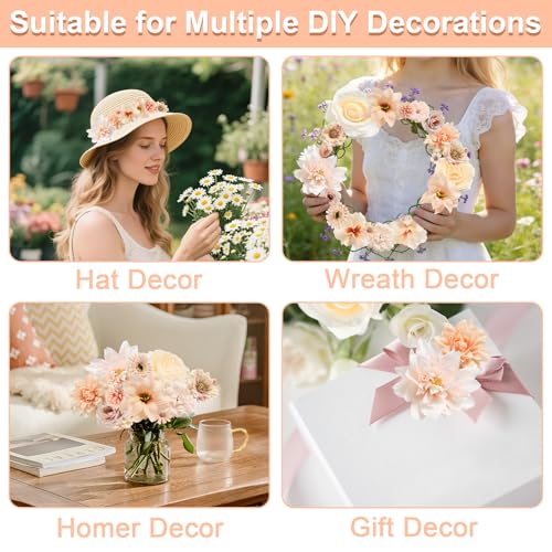 Fake Flowers Heads Bulk Champagne Mini Artificial Silk Flower for Crafts, Small Artificial Daisy Roses Faux Flowers for Graduation Cap DIY Cake Wedding Party Home Garland Decoration - color: Champagne