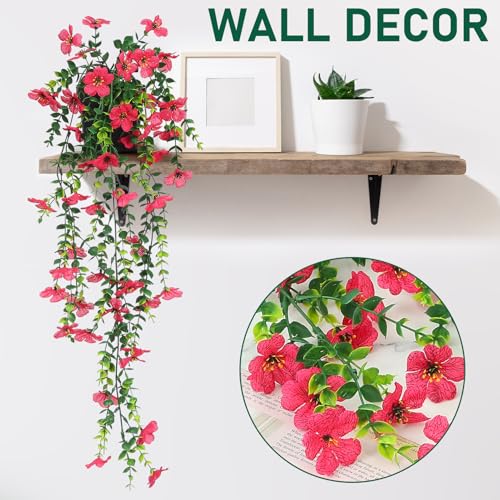 FAVOWREATH Fake Plants Hanging Artificial Potted Faux Eucalyptus Plants and Flowers for Modern Boho Farmhouse Bathroom Office Desk Wall Book Shelf Living Room Aesthetic Decor Indoor (Rose Red) - color: Rose Red