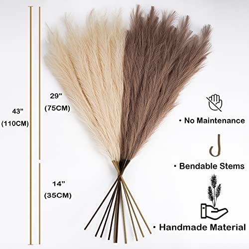 Faux Pampas Grass 8 Stems, Artificial Pampas Grass - 43 inch Extra Large Pompass Grass Tall Pompous Boho Flower Arrangement and Floor Vase Filler Home Decor for Room Wedding Party - color: 4 Beige+4 Taupe