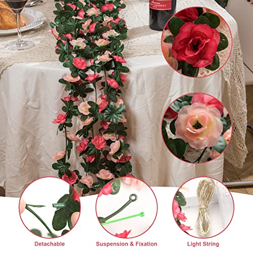 MARTINE MALL Rose Vines with 99 Ft/300 LED String Lights, Floral Garland for Bedroom, Wedding Decor - color: Pink With Lights, size: 12 Packs