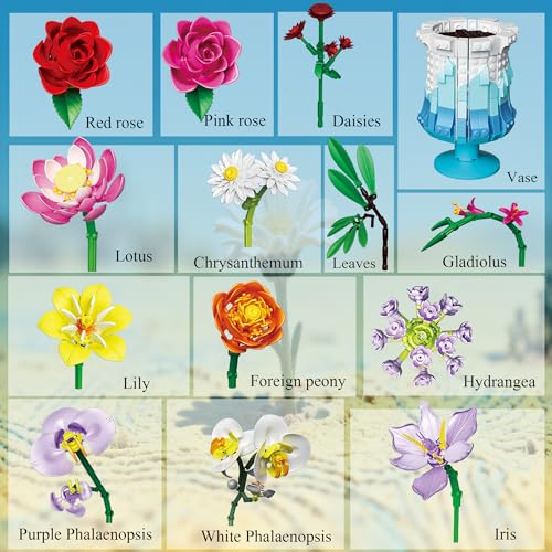 Mavo brix Flower Building Set with Vase, Artificial Botanical Flower Set for Adults Women, Home Décor Display, Romantic Gift for Christmas, Valentine’s Day, Compatible with Lego Flower, 956 PCS