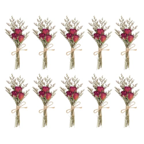 PATIKIL Mini Dried Flower Bouquet, 10 Pcs Rose Natural Wildflower with Stem Decor Baby's Breath Boho Floral Plant Flower for Crafts DIY Photo Props Gift Wedding Decor, Red - color: Red