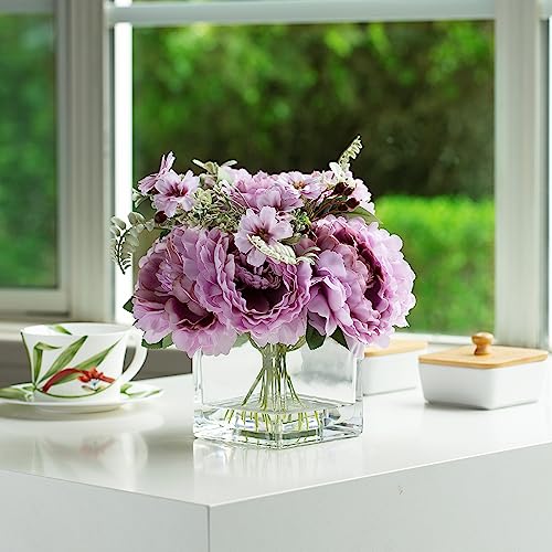 ENOVA FLORAL Artificial Flower Arrangement with Vase,Mixed Artificial Silk Peony Flower in Vase for Decoration Home Office, Wedding Centerpiece (Purple) - color: Purple