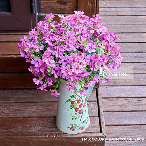 PONKING Artificial Flowers for Outdoors Patio Decoration 12 Bundles Fake Flower Cherry Blossom UV Resistant Faux Plants Yard Garden Porch Home Boxwood Planter Patio Decor, Purple Flower - color: D Purple Cherry Blossom 12pcs