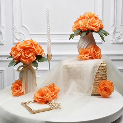 50 Pcs Rose Flower Head, Artificial Flowers Bulk for DIY Crafts, 3in Fake Rose Silk Flower Head wit Stem, Faux Flowers for Decoration, Wedding Home Party Decor Garland Decor (50, Deep Orange) - color: Deep Orange