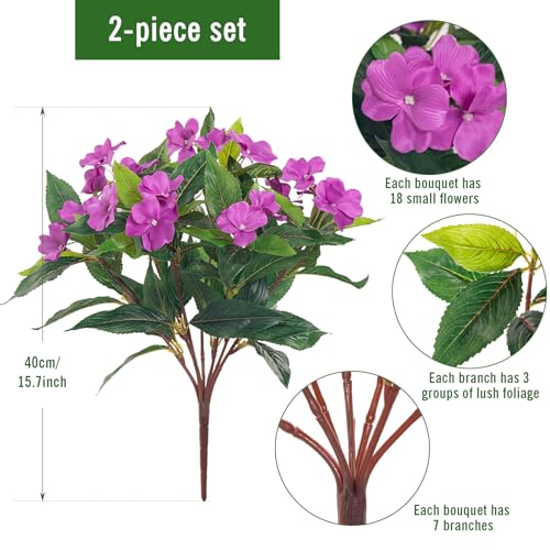 Fake Flowers Artificial Flowers for Outdoor，Artificial Plant Artificial Impatiens Bouquet Flowers for Outdoors Decoration,Silk Spring Artificial Plants for Outdoors Indoor Decor2PCS (Purple) - color: Purple-2