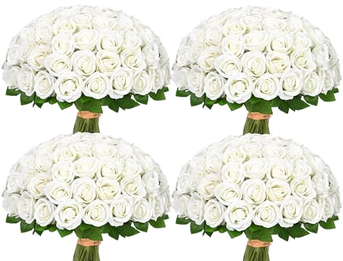Waipfaru 100 Pcs White Roses Artificial Flowers Bulk, Real Touch Velvet Roses with Wrapping Paper, Fake Flowers for Wedding Centerpieces Bridal Bouquet Valentines Mothers Day Decor - color: White, size: 100 Pcs