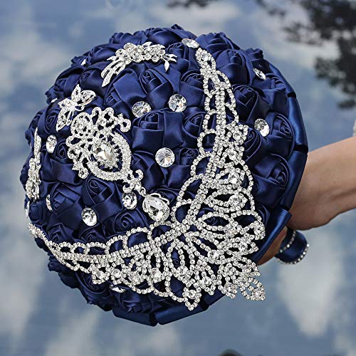 Handmade Luxury Wedding Bridal Bouquet Large Silk Rose Holding Toss Artificial Flowers Bouquets with Satin Ribbon Pearls Rhinestone for Bride Vintage Royal Wedding Bouquet (Navy Blue) - color: Navyblue