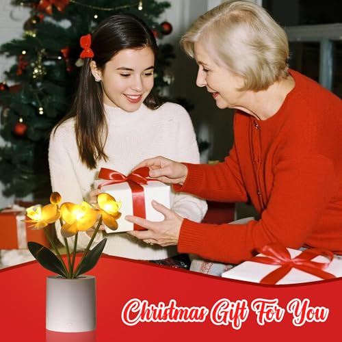 WSYEAR Flower Lamp Christmas Gifts for Her Women Wife Artificial Orchid Flower 3 Branches in White Pot, Realistic Fake Butterfly Orchid Bonsai for Living Room Decor - color: ORCHID
