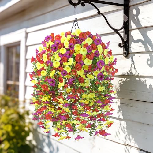 Artificial Hanging Flowers with Basket, 480 Blooms UV Resistant Faux Morning Glory Silk Plants, Fast & Easy Assembly Fake Hanging Baskets for Outdoor Porch Patio Garden Decor, Purple&Yellow&Red - color: Purple&yellow&red